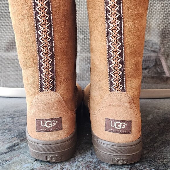 UGG Brown Suede Leather Ultra Tall Braided Back Boots Size 8 - Picture 12 of 16
